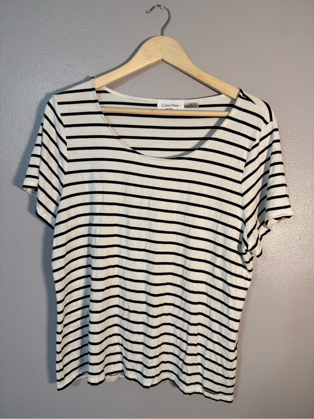 Calvin Klein White and Black Striped Scoop Neck Short Sleeve Tee